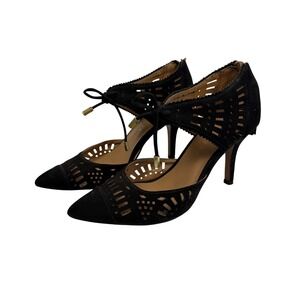 Metaphor Radiant Black Laser Cut Pointed Toe Pumps Faux Suede Heels‎ Size 5.5